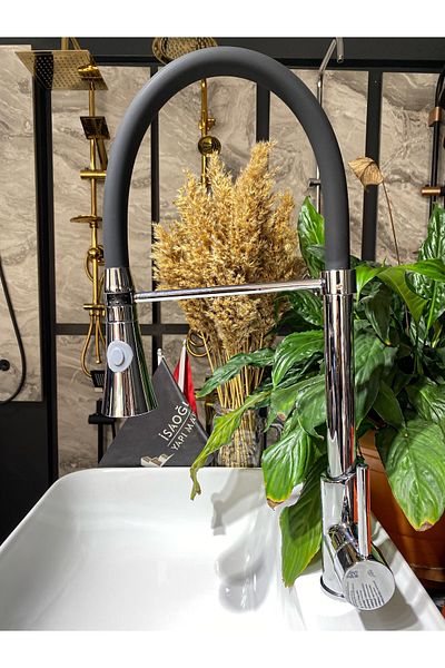 İSAOĞLU YAPI Spiral Kitchen Faucet Silver Black Extending System Sink Faucet Industrial Kitchen Faucet
