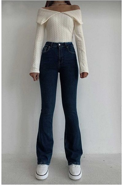 Trn JNS Femei fierbinți, albastru închis, pantaloni evazați din denim, blugi evazați cu talie înaltă