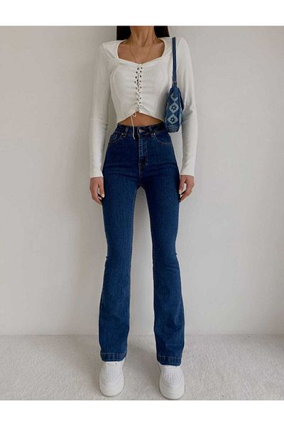 Trn JNS All Star Spaniol Femei Albastru Inchis Flare Leg Pantaloni Denim Taie Înaltă Spaniol Jeans Gatherer