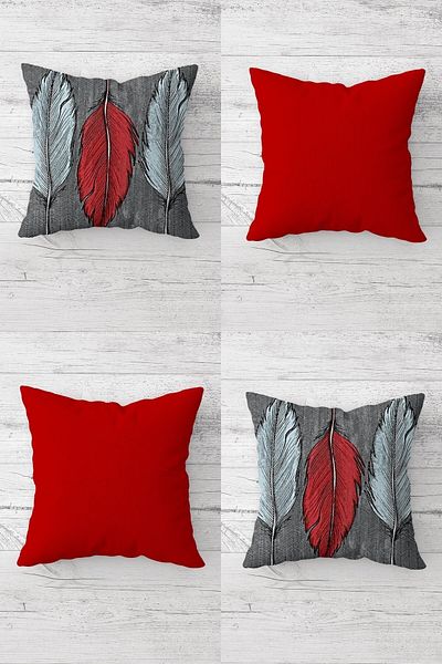 Pelangi Burgundy Gray Feather Patterned Hidden Zippered Throw Pillow Cover Sofa Pillow Cover Set (4pcs)