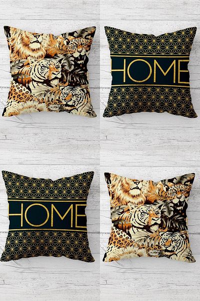 Pelangi Lion Leopard Pattern Home Hidden Zippered Throw Pillow Cover Sofa Pillow Cover Set (4pcs)