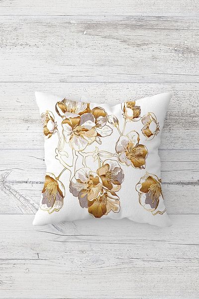 linazaitun Gold Flower and Feather Patterned Hidden Zippered Throw Pillow Cover Sofa Pillow Cover Set (4pcs)