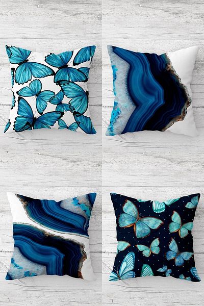 linazaitun Butterflies and Marble Patterned Concealed Zippered Throw Pillow Cover Sofa Pillow Cover Set (4pcs)
