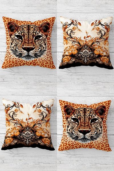 Pelangi Wild Life Leopard Patterned Concealed Zippered Throw Pillow Cover Sofa Pillow Cover Set (4pcs)
