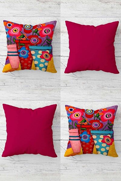 Pelangi Saksıdaki Çiçekler Desenli Gizli Fermuarlı Kırlent Kılıfı Koltuk Yastık Kılıfı Takım(4adet)