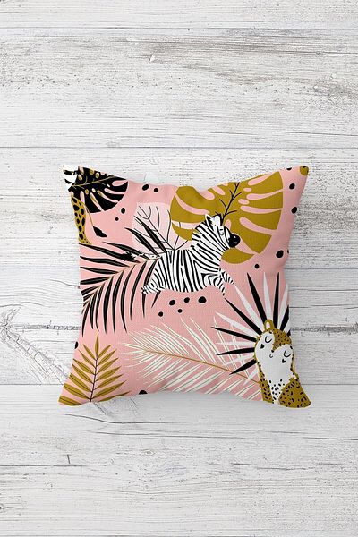 Pelangi Zebra and Tropical Leaf Patterned Concealed Zippered Throw Pillow Cover Sofa Pillow Cover Set (4pcs)