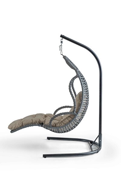 Eymense Elit Demonte Ayak Uzatmalı Rattan Salıncak Gri Kahve Oturum