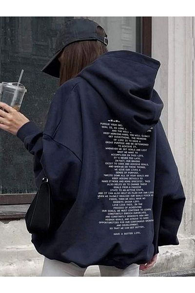 Black Sokak Blacksokak női sötétkék, részletes szöveges oversize kapucnis pulóver