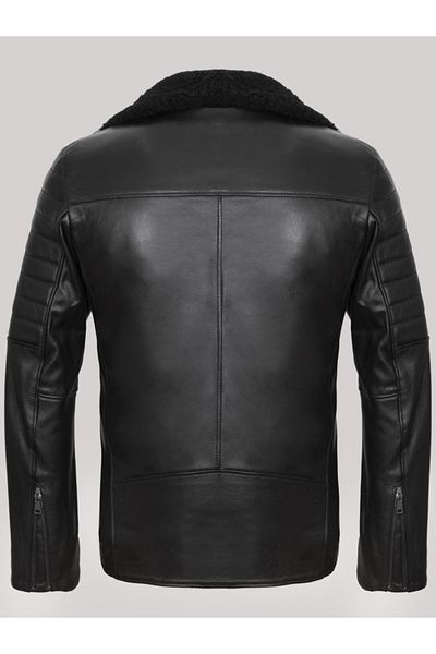 Derimont's Genuine Leather Men's Black Leather Jacket with Fur Inside and Side Pockets