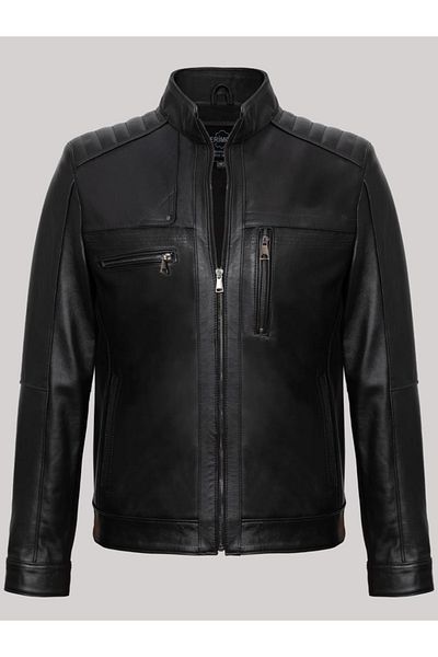 Derimont's Genuine Leather Black Front Zippered Embroidered Men's Leather Jacket
