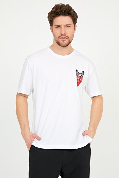 ADEGO تي شيرت رجالي من القطن مقاس كبير مطبوع عليه قطة ملثمة باللون الأبيض ورق...