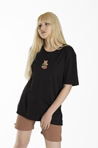 ADEGO تي شيرت نسائي قطني كبير الحجم برقبة دائرية وطبعة قطة الشيف باللون الأسو...