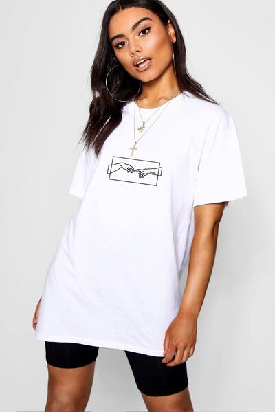 ADEGO تيشيرت نسائي قطني كبير الحجم برقبة دائرية باللون الأبيض مع طبعة "خلق آد...