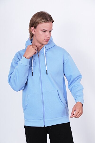 Saw Urbanity Mavi Oversize Kapüşonlu Fermuarlı Şardonlu 3 Iplik Kanguru Cepli Basic Sweatshirt Hoodie