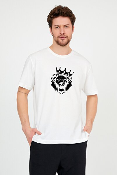 ADEGO Men's Ecru Front Lion Printed Crew Neck Oversize Cotton T-shirt