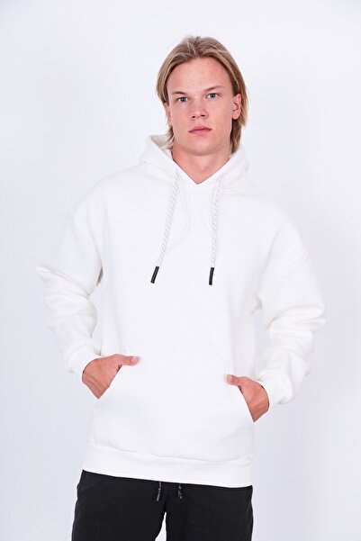 Saw Urbanity Ekru Beyaz Unisex Oversize Basic Düz Şardonlu Kapişonlu 3 Iplik Sweatshirt Hoodie