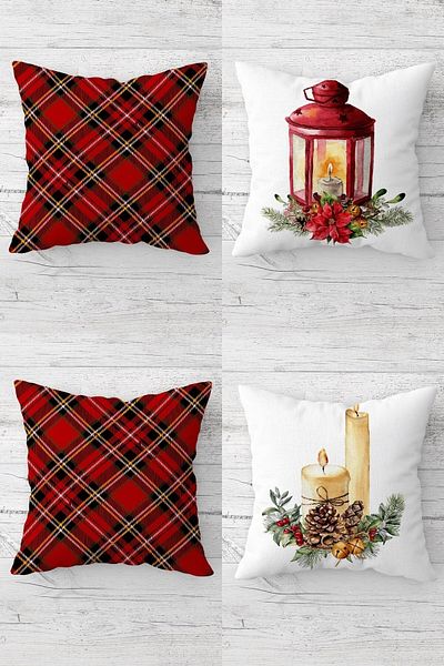 on the clouds Red Plaid New Year's Themed Hidden Zippered Throw Pillow Cover Sofa Pillow Cover Set (4pcs)