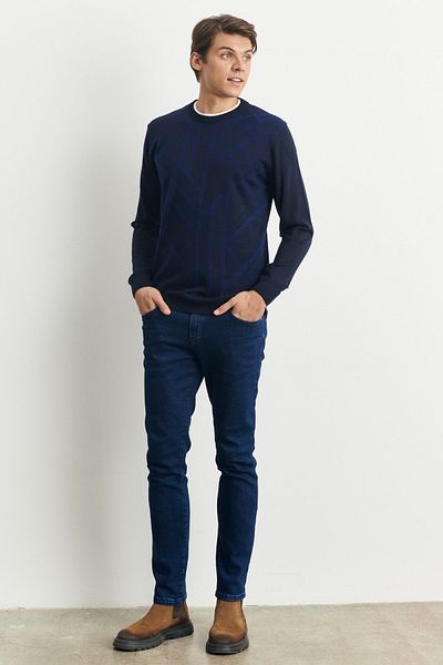 ALTINYILDIZ CLASSICS Marineblauer Standard-Passform-Winterstrickpullover für Herren mit modernem Muster und Rundhalsausschnitt