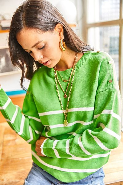 Olalook Women's Green Shoulder Button Detailed Striped Knitwear Sweater KZK-19000459