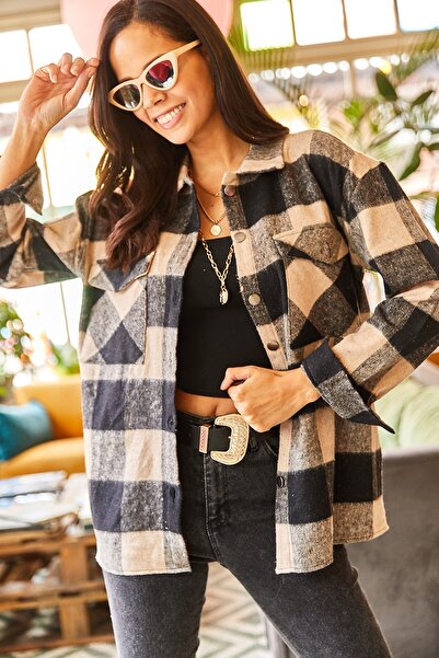 Olalook Kadın Bej-Siyah Ekose Çift Cepli Oversize Kaşe Gömlek GML-19001045