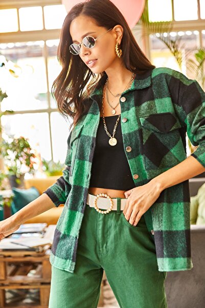 Olalook Kadın Yeşil Siyah Ekose Çift Cepli Oversize Kaşe Gömlek GML-19001045