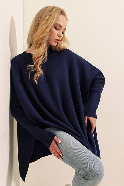 Bigdart 15783 Slit Poncho Sweater - Navy Blue