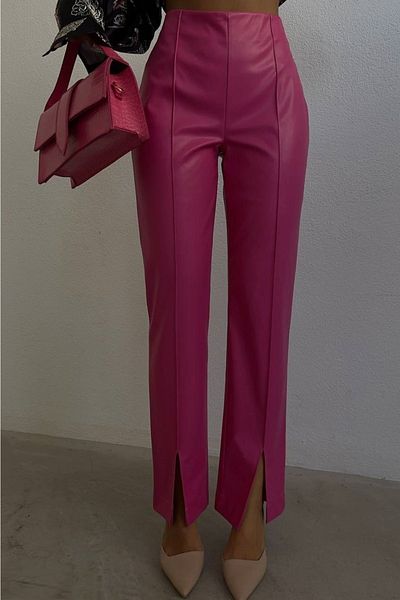 lovebox Women's High Waist Slit Detailed Pink Faux Leather Trousers 200022
