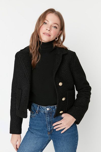 Trendyol Collection Gold Buttoned Black Boucle Coat - Regular Fit Twoaw23Kb00251