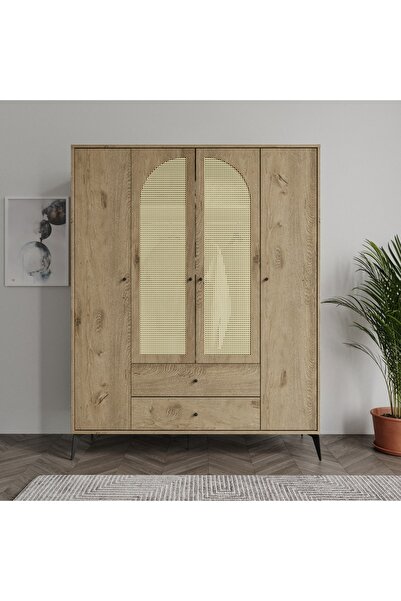 SEVENPAL MOBİLYA Diamond 4 Kapaklı 2 Çekmeceli Çift Hazeranlı Dolap