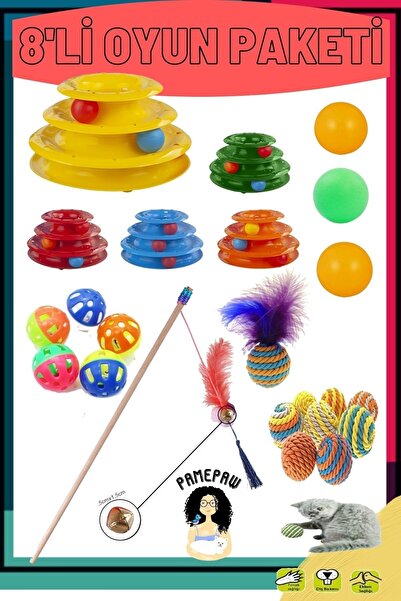 PAMEPAW 8'li Set: Sarma Topu+3'lü Renkli Top+tüylü Top + Kedi Oltası+3 Katlı ...
