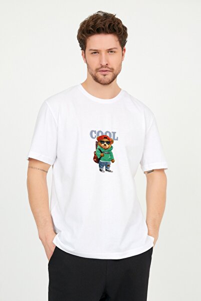 ADEGO Men's White Cool Teddy Bear Printed Crew Neck Oversize Cotton T-shirt