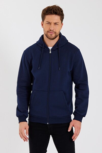 mmetalic Ανδρικό φούτερ με κουκούλα μπλε καγκουρό με φερμουάρ και βαμβακερό εσωτερικό