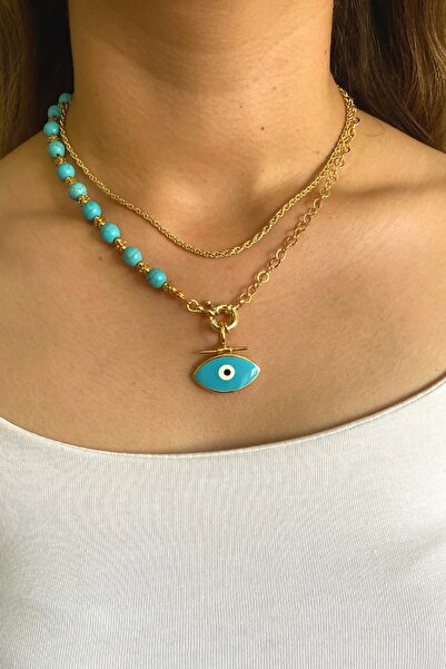 Suerte Accessories Turkuaz Doğal Taşlı Nazar Boncuğu Uçlu Burgu Zincirli El Y...