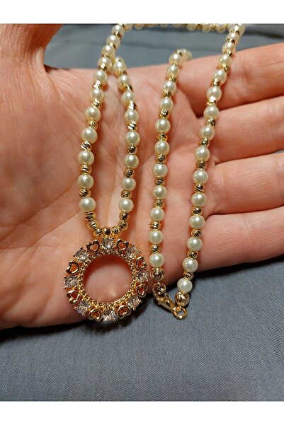 GEZERGOLD TAKI Incili Dorika Altın Kaplama Zirkon Taşlı Çeyrek Kolye