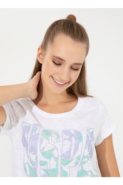 U.S. Polo Assn. Tricou de damă cu decolteu rotund cu imprimeu mov - Mărime standard