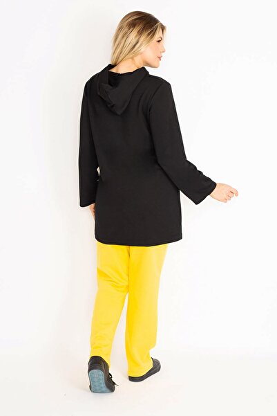 Şans Women's Large Size Yellow Pocket Combination Hooded Front Zipper Sweatshirt Trousers Set 65n34904