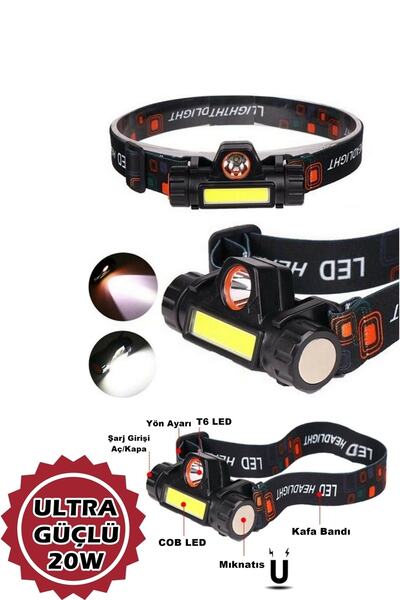 yopigo Pro Model 20w Ultra Güçlü Kafa Feneri Şarjlı Mıknatıslı Lityum Lion Şa...