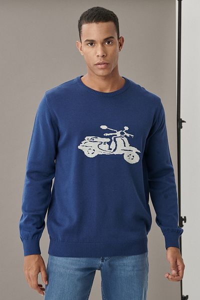 AC&Co / Altınyıldız Classics Pulover pentru bărbați Indigo-a.gri, cu model standard, cu decolteu, 100% bumbac
