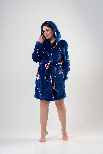 VİENETTA Γυναικεία ρόμπα Welsoft με κουκούλα Navy Blue μεγάλου μεγέθους 202087 -0182
