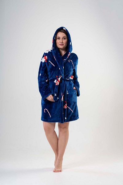 VİENETTA Γυναικεία ρόμπα Welsoft με κουκούλα Navy Blue μεγάλου μεγέθους 202087 -0182