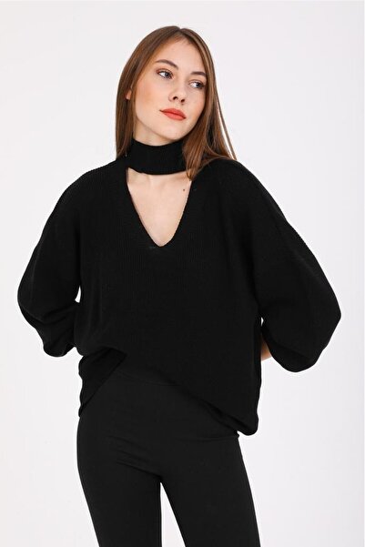 sumoda سترة نسائية من الأمام والخلف ورقبة على شكل حرف V وياقة واقفة وأكمام بالون فضفاضة محبوكة سترة تريكو قابلة للتمدد