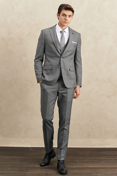 ALTINYILDIZ CLASSICS Men's Gray Slim Fit Slim Fit Mono Collar Checkered Vest Classic Suit