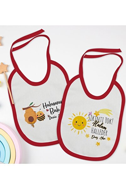 Bk Gift Kids Kişiye Özel Hala Tasarımlı 2’li Kırmızı Mama Önlüğü-1