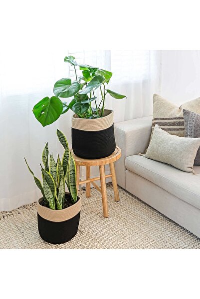 MaVaux Ikili Dekoratif Jüt Saplı Hasır Sepet Saksı 30 Cm Ve 25 Cm , Dekoratif...