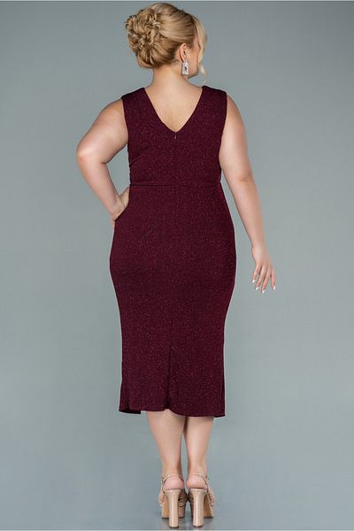 Abiyefon Burgundy Double Breasted Collar Sleeveless Midi Glitter Plus Size Evening Dress Abk1492
