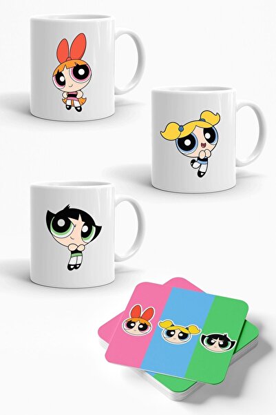 Öz Kupa Powerpuff Girls Baskılı 3'lü Porselen Kupa Ve 3'lü Bardak Altlığı Seti