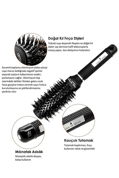 LAND OF MYTH 32 mm-Lom1092 Nano Technology Ceramic + Ionic Thermal Blow Dry Hair Brush, Natural Horsehair Teeth, Professional