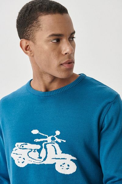 AC&Co / Altınyıldız Classics Men's Petrol-ecru Standard Fit Crew Neck Patterned 100% Cotton Knitwear Sweater