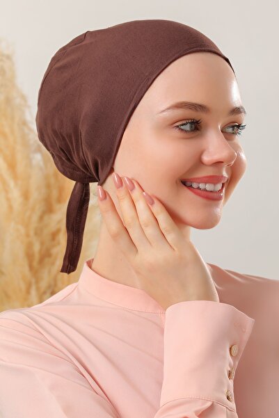 Melodi Scarf طقم حجاب نسائي مخيط من القطن الممشط، 3 قطع، بونيه بني مع أربطة