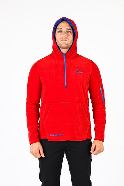 NJM SPORT WEAR Men's Fleece Red Blue Half Zipper Pocket Hooded Outdoor Slim Fit Winter Sweat